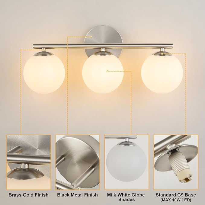 Brushed Nickel Bathroom Light Fixtures 3-Light Globe Vanity Light - Image 7