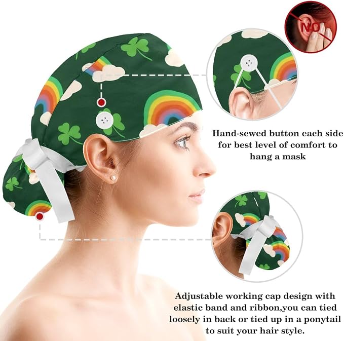 Scrub Caps Women Ponytail Cute Pink and White Leaves Caps Bouffant Working Hat - Image 3