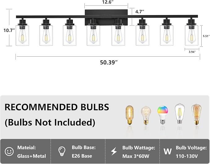 8 Light Black Bathroom Vanity Light Fixture, Long Farmhouse Vanity Lights Over - Image 2