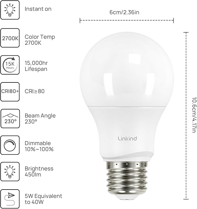 Linkind A19 LED Light Bulbs Dimmable, 40 Watt Equivalent, E26 Base, 2700K Soft - Image 2
