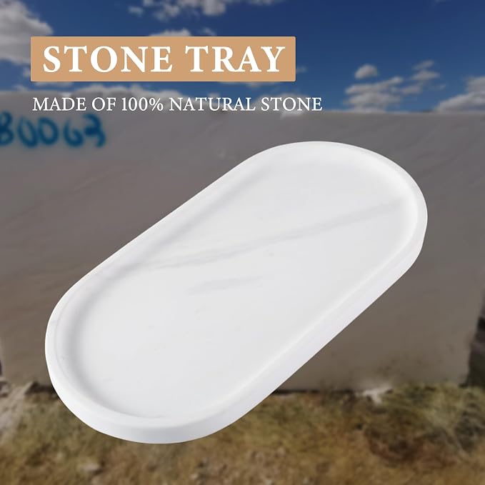 Koville 12"x6" Elegant White Marble Bathroom Tray, Natural Marble Vanity Trays - Image 2