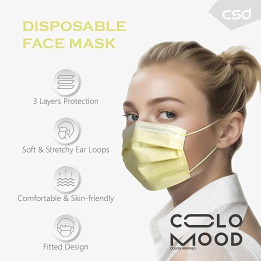 CSD Colo 30 Pcs Yellow Disposable Face Masks, 3 Ply Adult Mask - Image 3