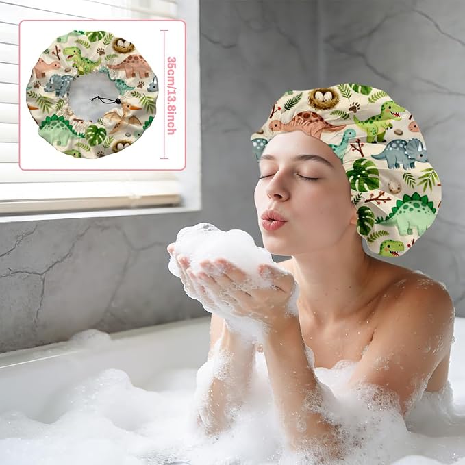 Dinosaurs Leaves Reusable Shower Cap Cute Double Layer Waterproof Shower Caps - Image 5