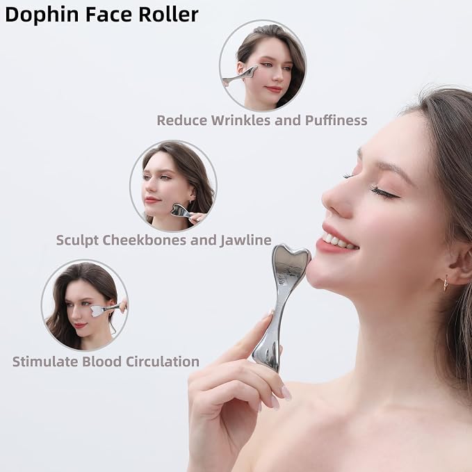 pfefe Stainless Steel Gua Sha & Face Roller, 3-in-1 Dolphin Facial Roller - Image 3