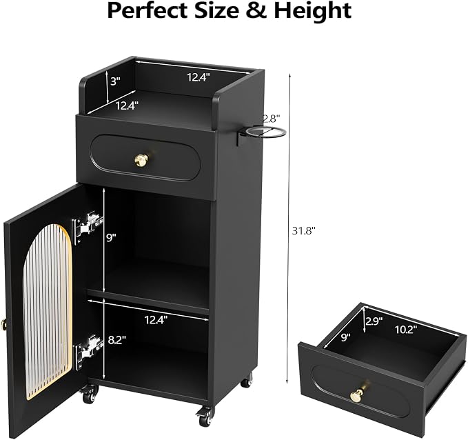 Salon Cart with Wheels & Adjustable Shelf, Esthetician, Storage Cabinet w/Glass - Image 6