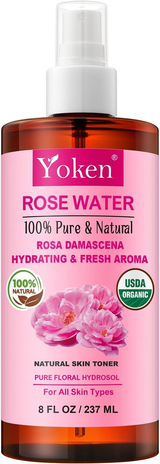 Yoken Organic Rose Water Spray for Face, 8 Fl Oz Fine Mist, Rosewater Face Mist by Yoken