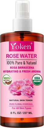 Yoken Organic Rose Water Spray for Face, 8 Fl Oz Fine Mist, Rosewater Face Mist by Yoken