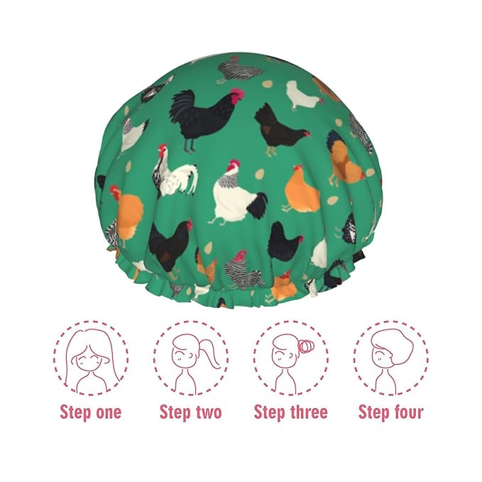 Funny Chickens Shower Cap For Women Reusable Waterproof Double Layers Bath Cap - Image 6