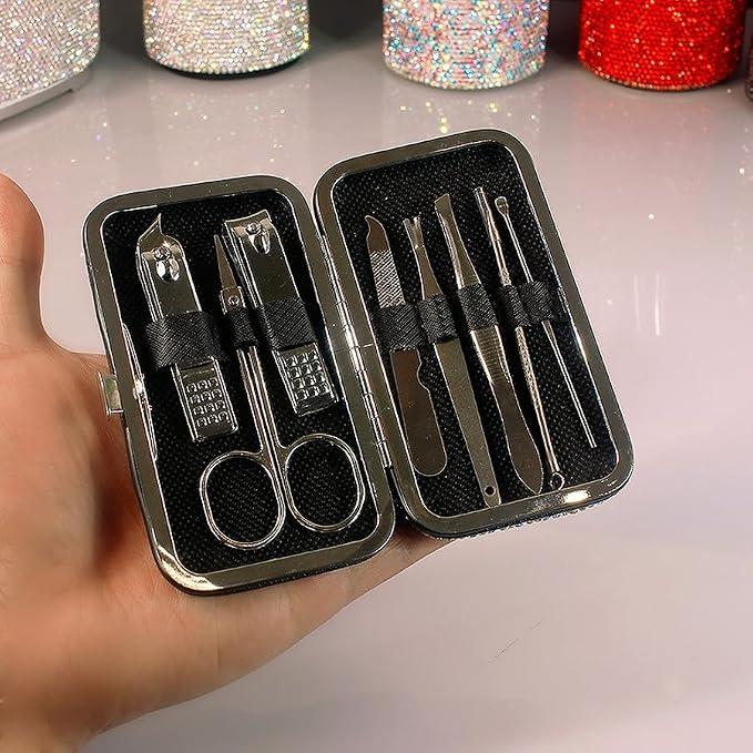 Bling Rhinestone Manicure Set Nail Clippers Pedicure Kit-8 Pieces, Stainless - Image 3