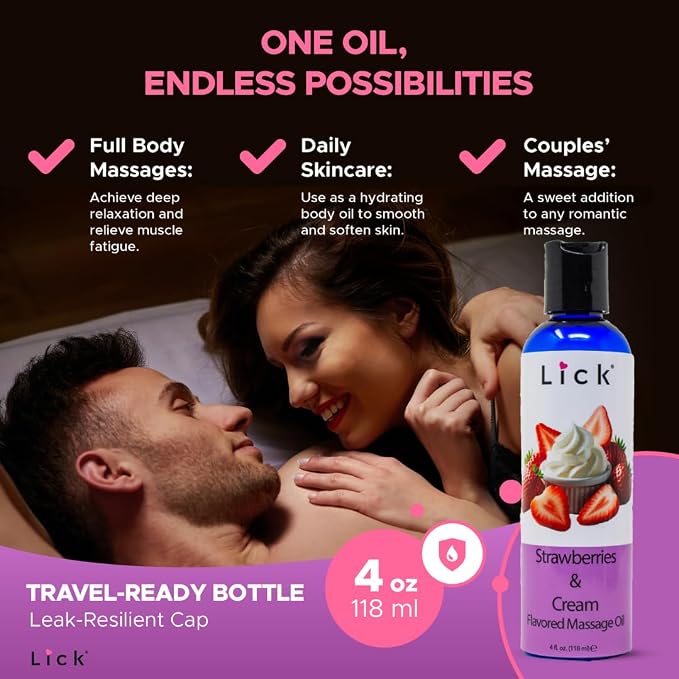 Lick Strawberries and Cream Flavored Massage Oil – Romantic, Body Safe - Image 7
