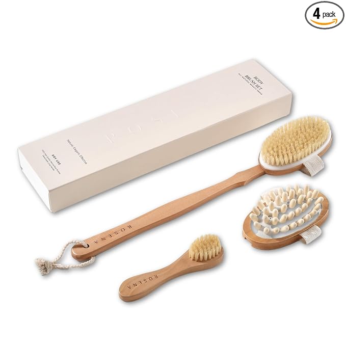 Dry Brushing Body Brush Set – Natural Bristle Spa Exfoliator Kit by Rosena
