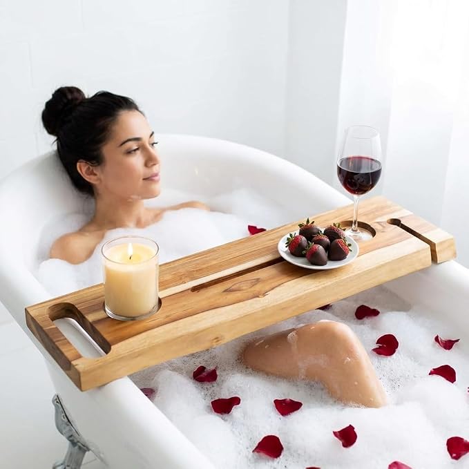 EcoDecors Eleganto 30" Live Edge Solid Teak Bath Caddy Tray - Image 4