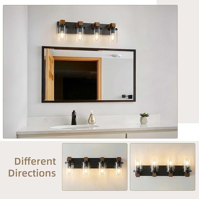 4-Light Farmhouse Bathroom Light Fixtures, Wood Matte Black Vanity Lights Over - Image 4