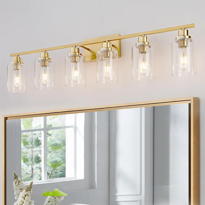6 Light Gold Bathroom Light Fixtures Brushed Brass Vanity Light Over Mirror by HCCZLighting