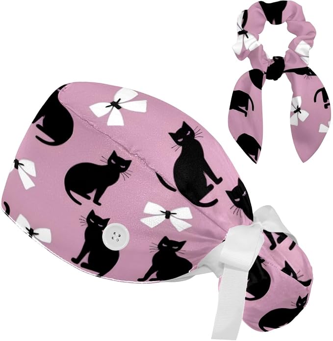Scrub Caps Women Ponytail Cute Pink and White Leaves Caps Bouffant Working Hat by Unknown