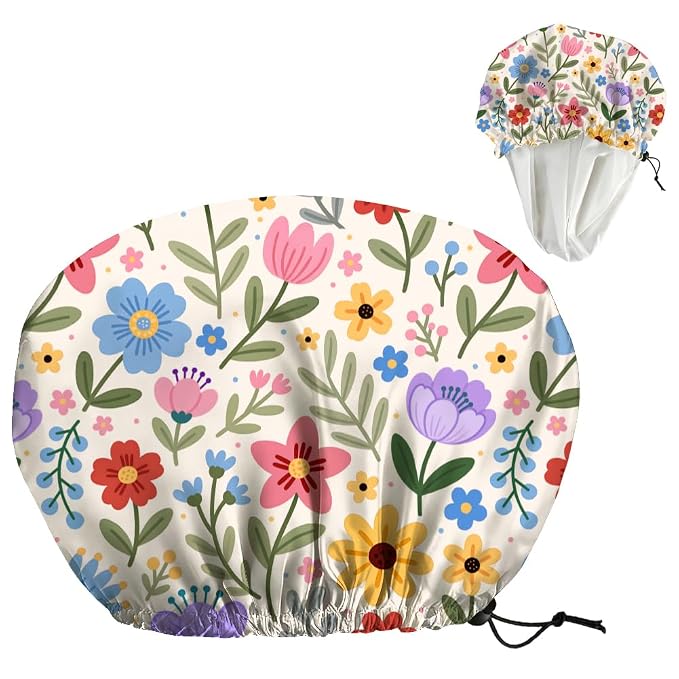 Bohemian Floral Patterns Reusable Shower Cap Cute Double Layer Waterproof by DELORIGIN