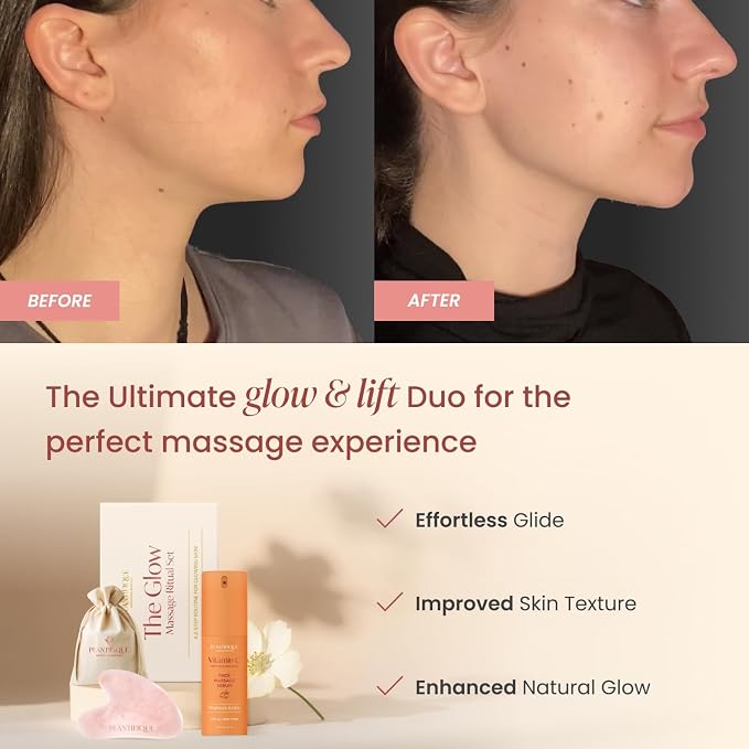 PLANTIFIQUE Massage Set: Rose Quartz Gua Sha & Vitamin C Face Serum Korean - Image 2