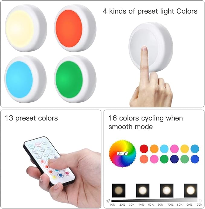 HELPLEX LED Puck Lights with Remote, 6 Pack Color Changing RGBW, Battery - Image 8