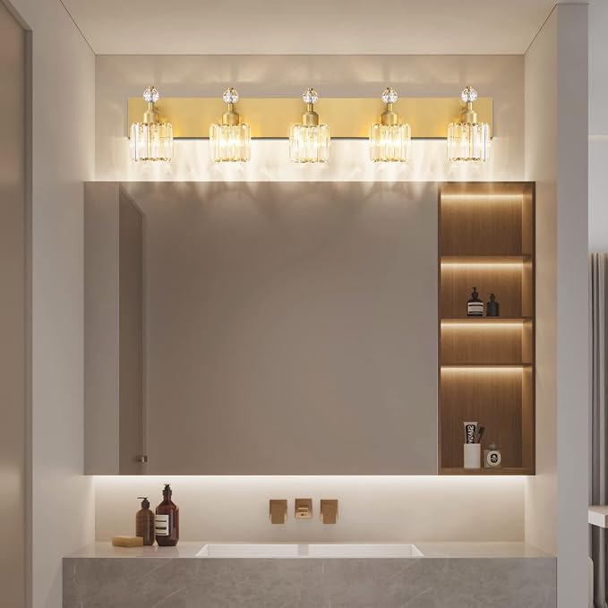 PRESDE 5-Crystal Bathroom Vanity Light Modern Gold Bathroom Lights Fixtures - Image 2