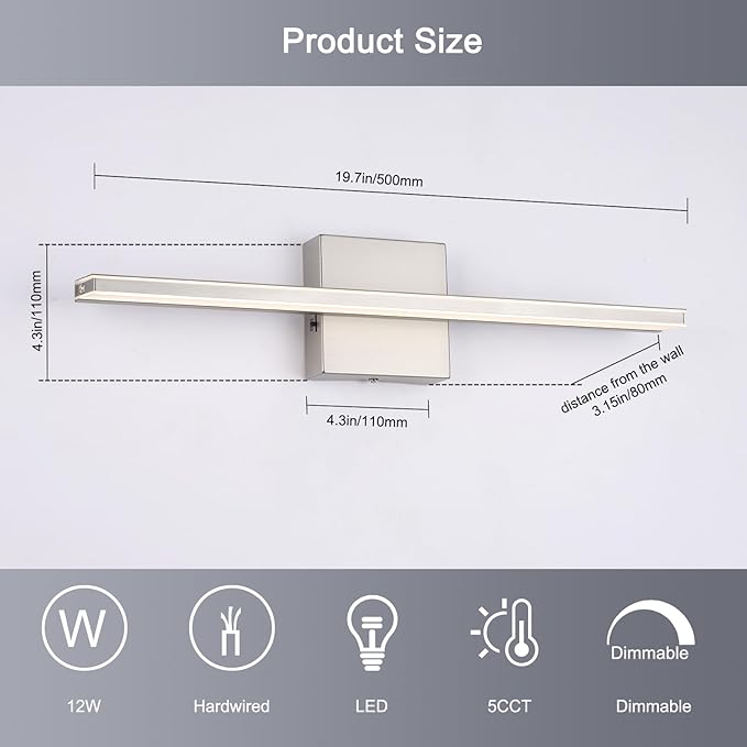 16W LED Vanity Light Bar, 19.6-Inch Brushed Nickel Bathroom Fixture, 5CCT Color - Image 5