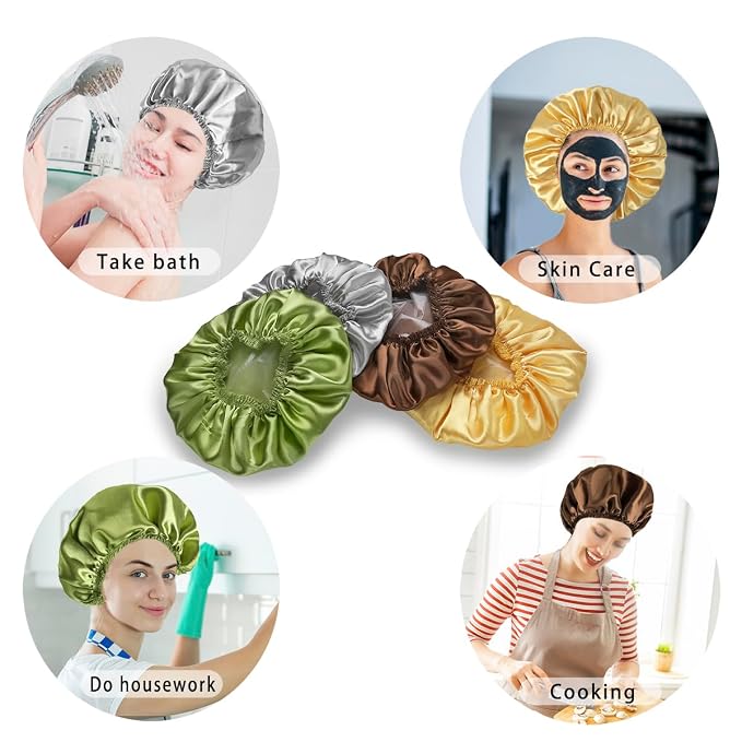 4 PCS Shower Cap for Women, Elastic and Reusable Bath Caps, Double Layers - Image 5