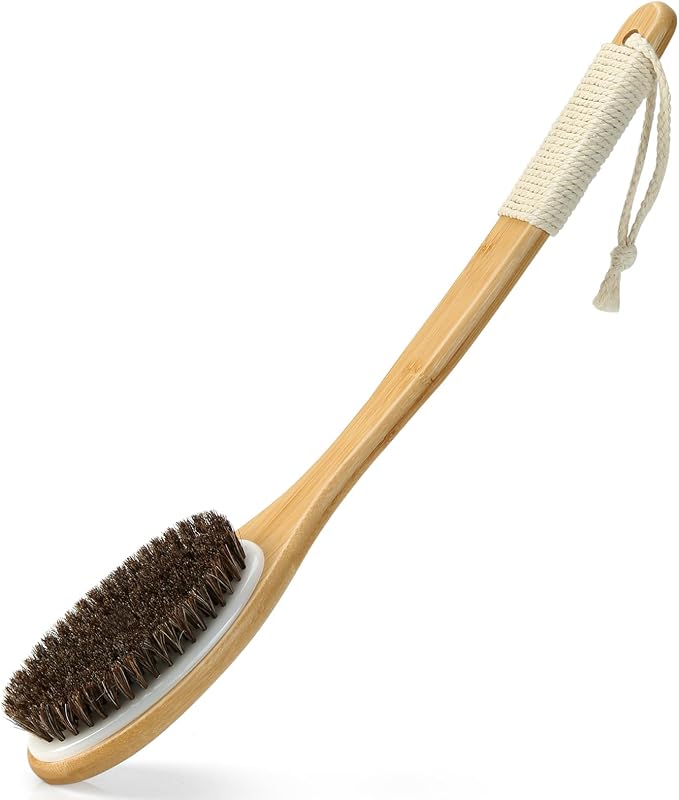 eaxun Bamboo Shower Brush with Curved Long Handle, 16.7 Inches Exfoliating Back by eaxun