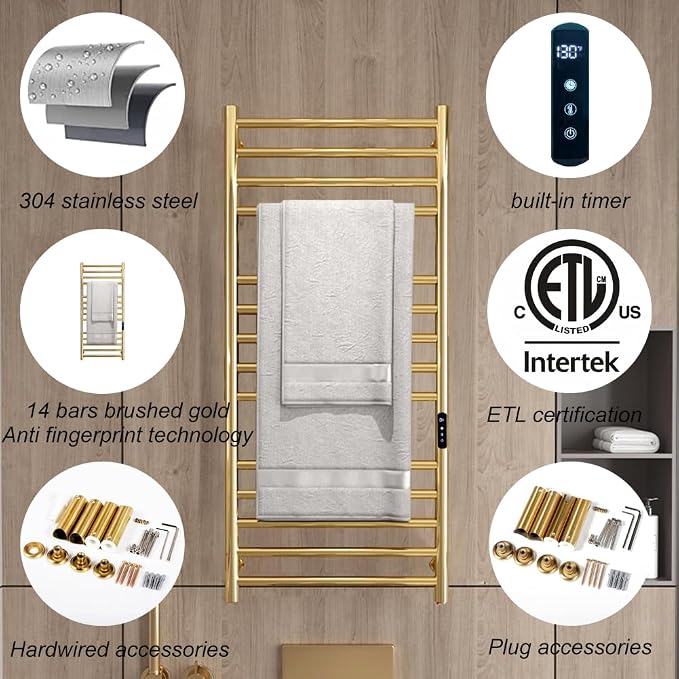 Gold Wall Mounted Heated Towel Rack, Timer & Temperature Control Electric Towel - Image 5