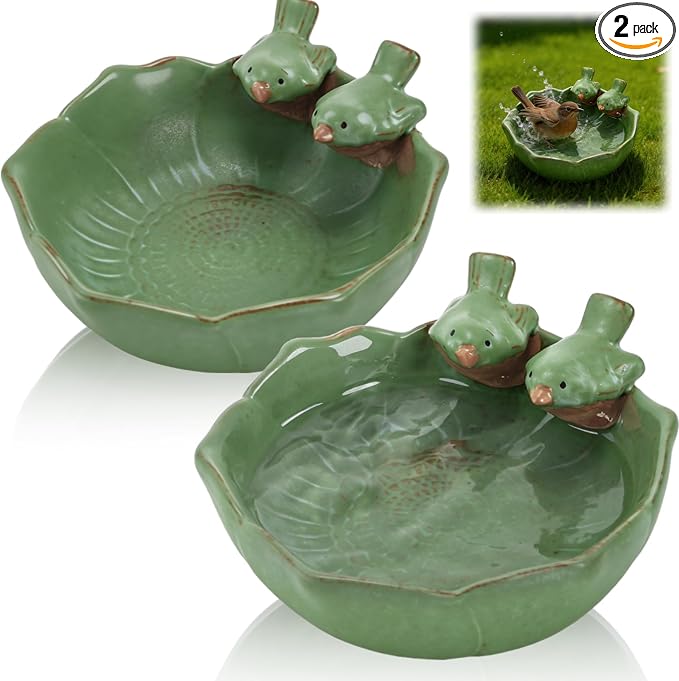 2 Pack Ceramic Bird Bath for Outdoors, 5.5" Ground Birds Bath Bowl for Outside by ELFULLY