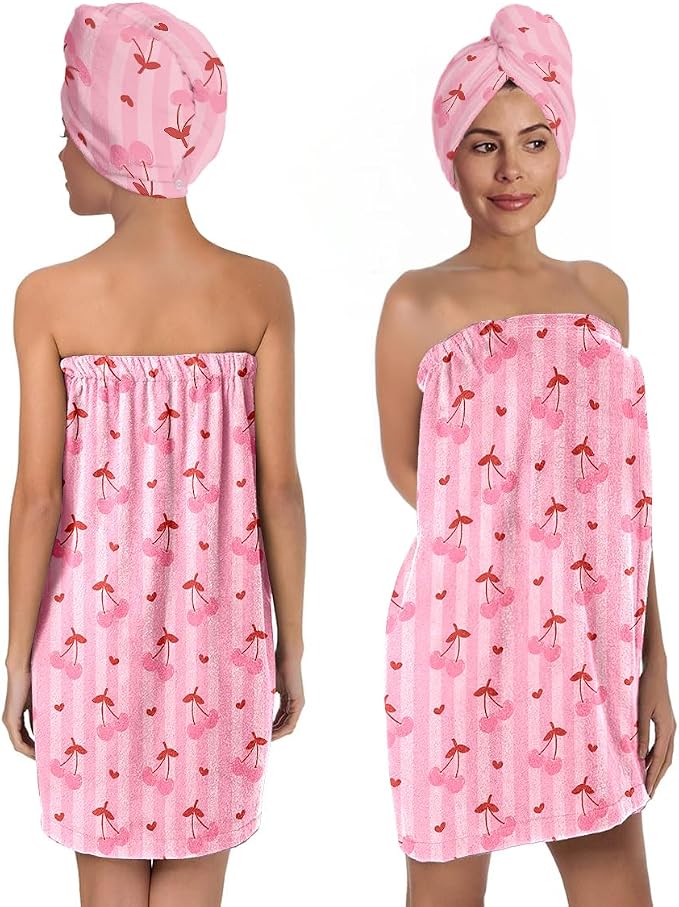 Women’s Pink Cherry Bath Wrap and Hair Towel Set, Soft Absorbent Microfiber by QIULIBMH
