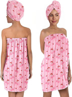 Women’s Pink Cherry Bath Wrap and Hair Towel Set, Soft Absorbent Microfiber by QIULIBMH