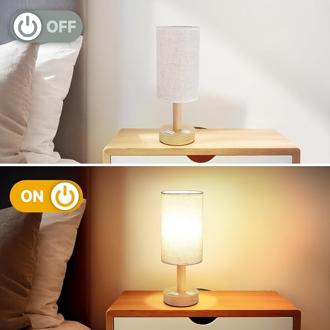 Small Bedside Table Lamp with AC Outlet, Natural Round Wood Base&Fabric Linen - Image 7