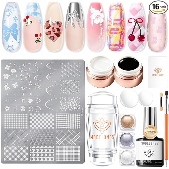 Modelones 16PCS Plaid Nail Stamping Kit – French Tip Stamper White Black by MODELONES