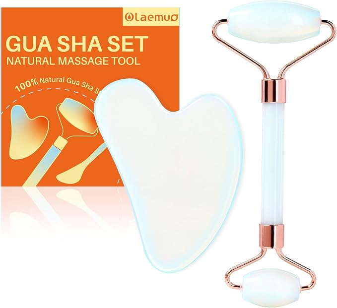 Opal Gua Sha and Face Roller, Real Jade Gua-Sha Stone Facial Tools Set by Olamuo