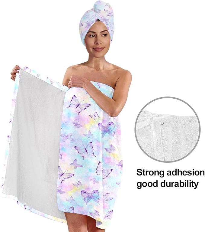Women's Butterfly Print Towel Wrap and Hair Drying Cap Set – Pastel Microfiber - Image 4