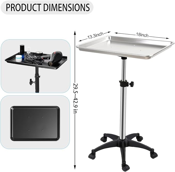 Salon Rolling Tray, Height Adjustable Tattoo Tray Rolling Cart, Storage Utility - Image 5