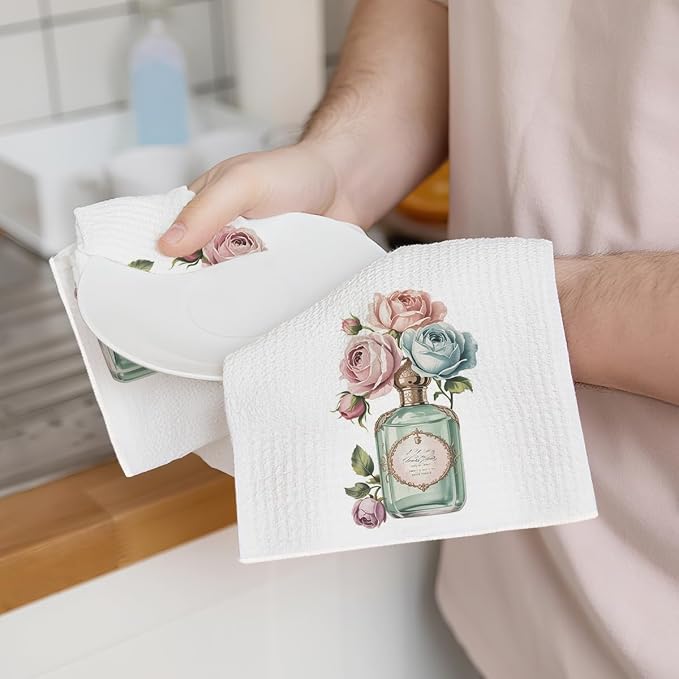 2pcs Vintage Rose and Perfume Bottle Floral Kitchen Towels, Perfume Lover Gift - Image 3