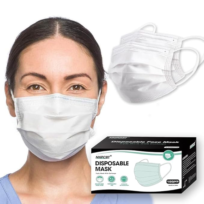 NNPCBT White Disposable Face Masks 100 Pack, 3-Ply Breathable Mask by NNPCBT