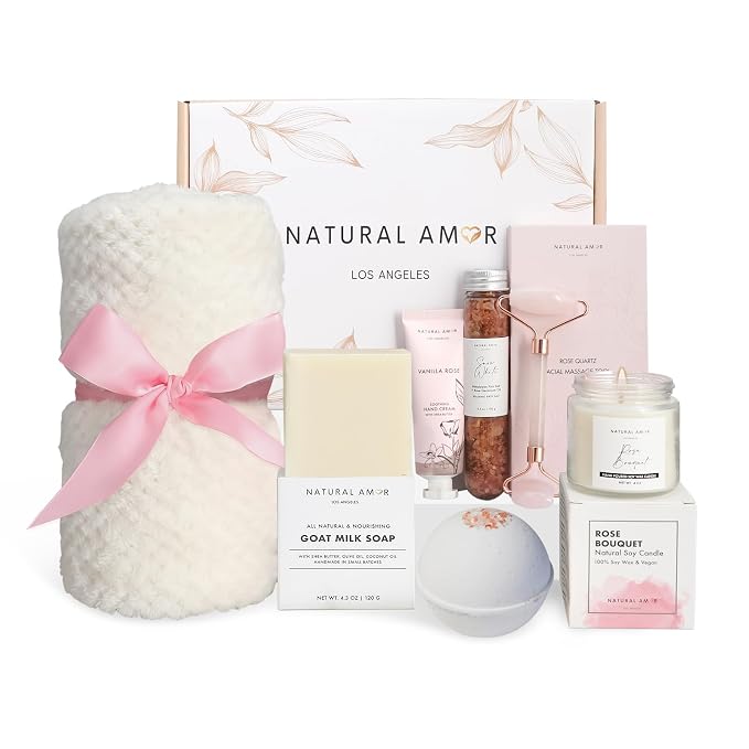 Natural Amor Spa Gift Set with Blanket 7 PCs– Handmade Bath & Body Self-Care - Image 2