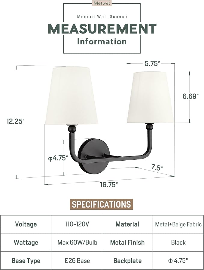 2-Light Bathroom Light Fixtures, Matte Black Vanity Lights, Double Wall Sconce - Image 2