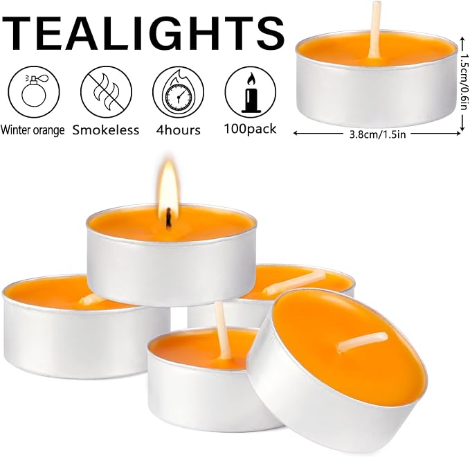 100 Pack Scented Tealight Candles 4 Hours, Winter Orange Aromatherapy Candles - Image 4