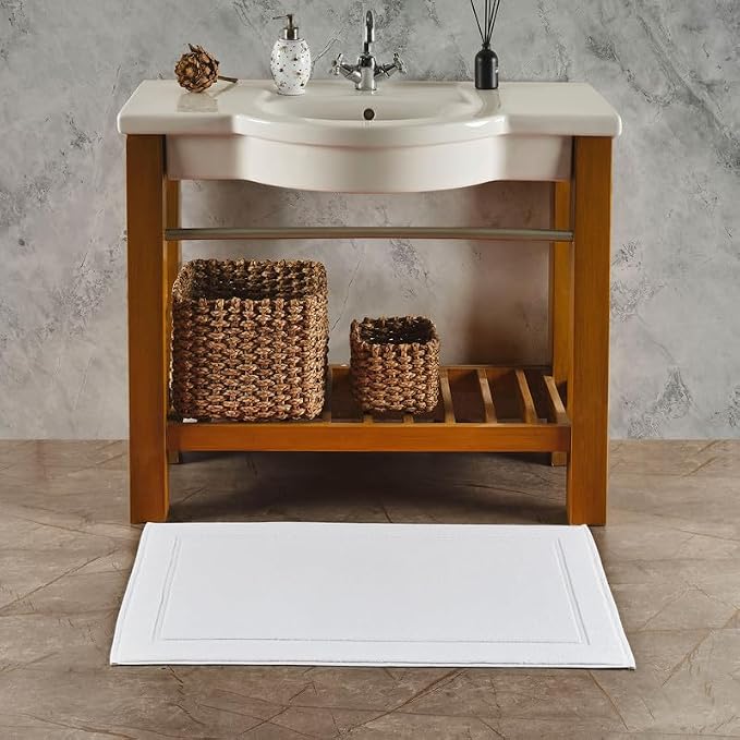 Hawmam Linen White Bath Mats, 21 x 34 inches, Banded Design, Highly Absorbent - Image 2