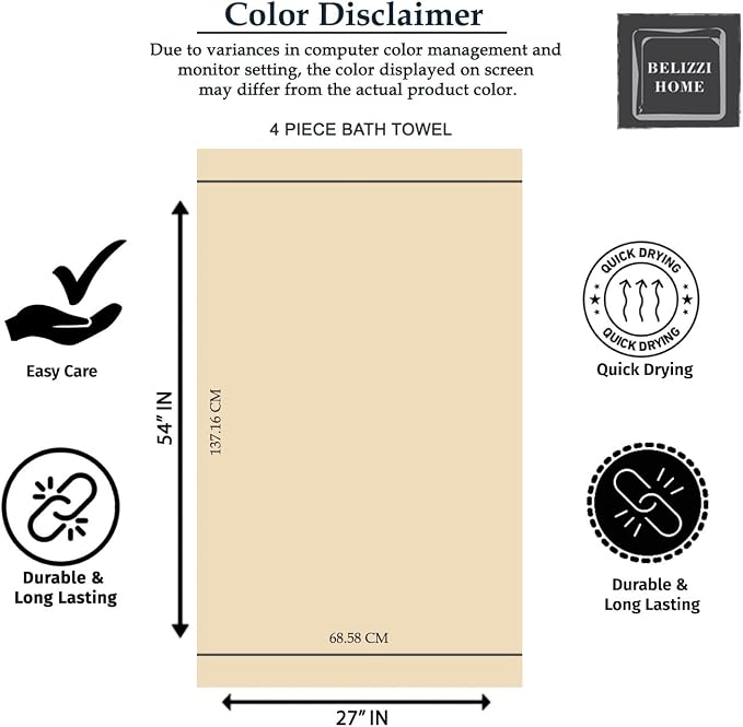 Belizzi Home 4 Pack Bath Towel Set 27x54, 100% Ring Spun Cotton, Ultra Soft - Image 6