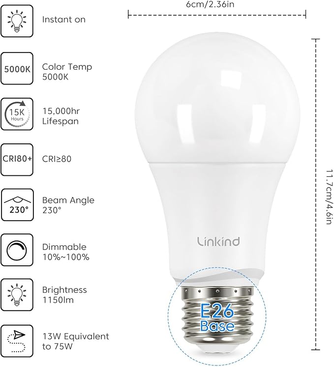 Linkind A19 LED Light Bulbs Dimmable, 75W Equivalent, E26 Base, 5000K Daylight - Image 2