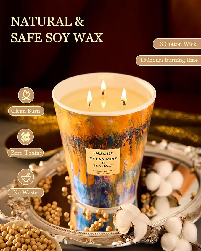 M&SENSE Large 3-Wick Ocean Scented Soy Candle, 35oz 150 Hours Non-Toxic - Image 4