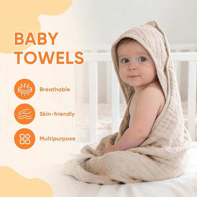MIGIOL Muslin Hooded Baby Towels 100% Cotton ，Super Soft Muslin Baby Bath Towel - Image 2
