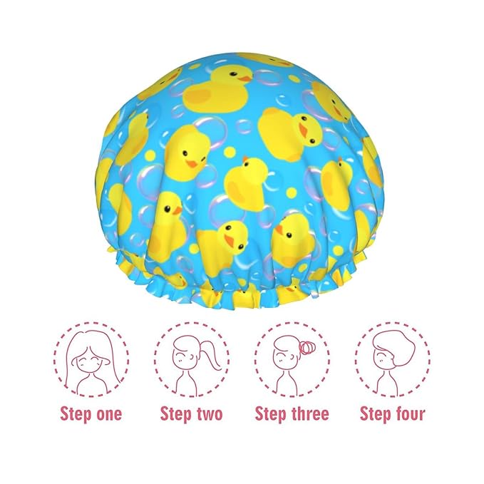 Yellow Rubber Ducks Shower Cap For Women Adjustable Double Waterproof Layers - Image 7