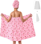 Women’s Pink Cherry Bath Wrap and Hair Towel Set, Soft Absorbent Microfiber - Image 2