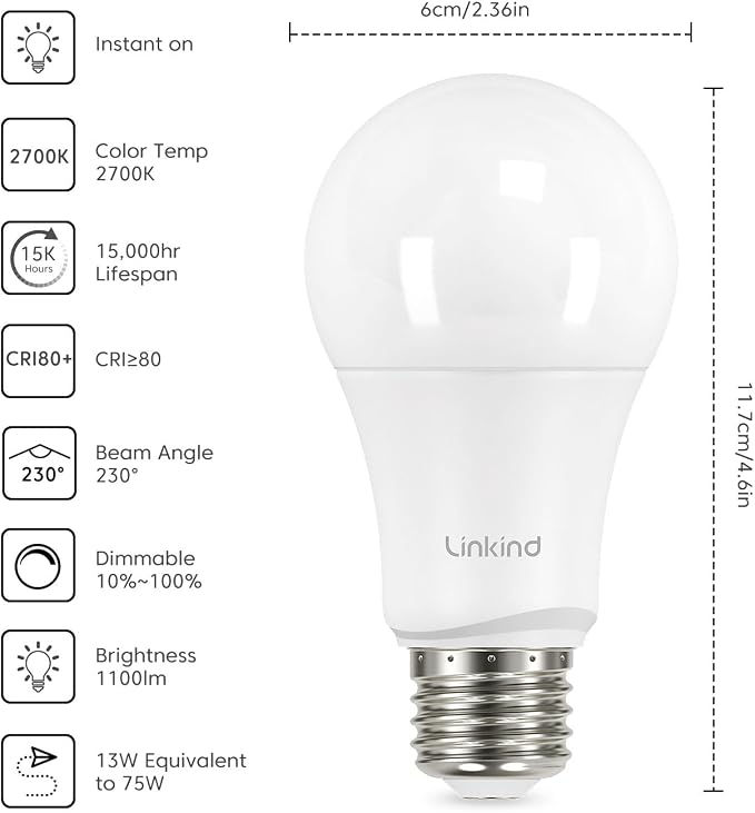 Linkind A19 LED Light Bulbs, 75 Watt Equivalent Dimmable Light Bulbs, E26 Base - Image 2