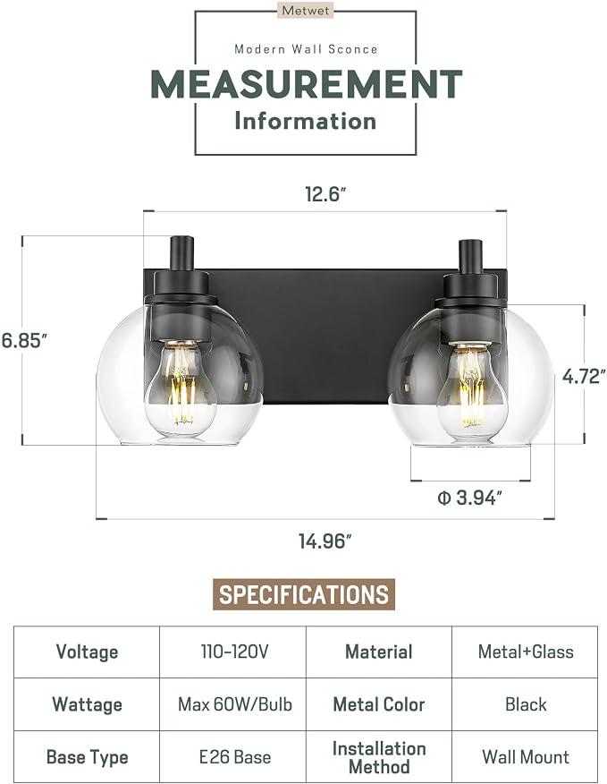 Bathroom Light Fixtures, 2 Light Matte Black Vanity Light, Modern Wall Sconces - Image 2