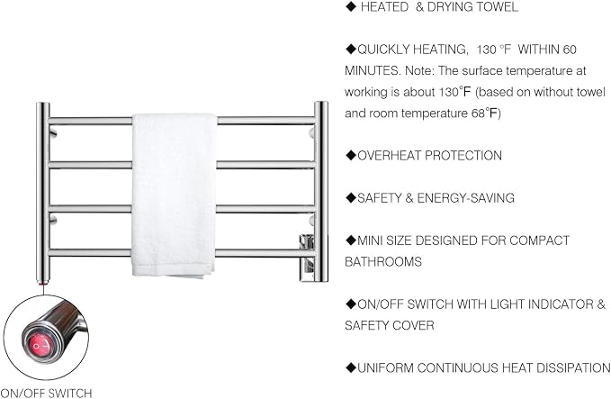HEATGENE Towel Warmer 4 Bar Towel Dryer Wall-Mounted Plug-in Bath Towel Heater - Image 5